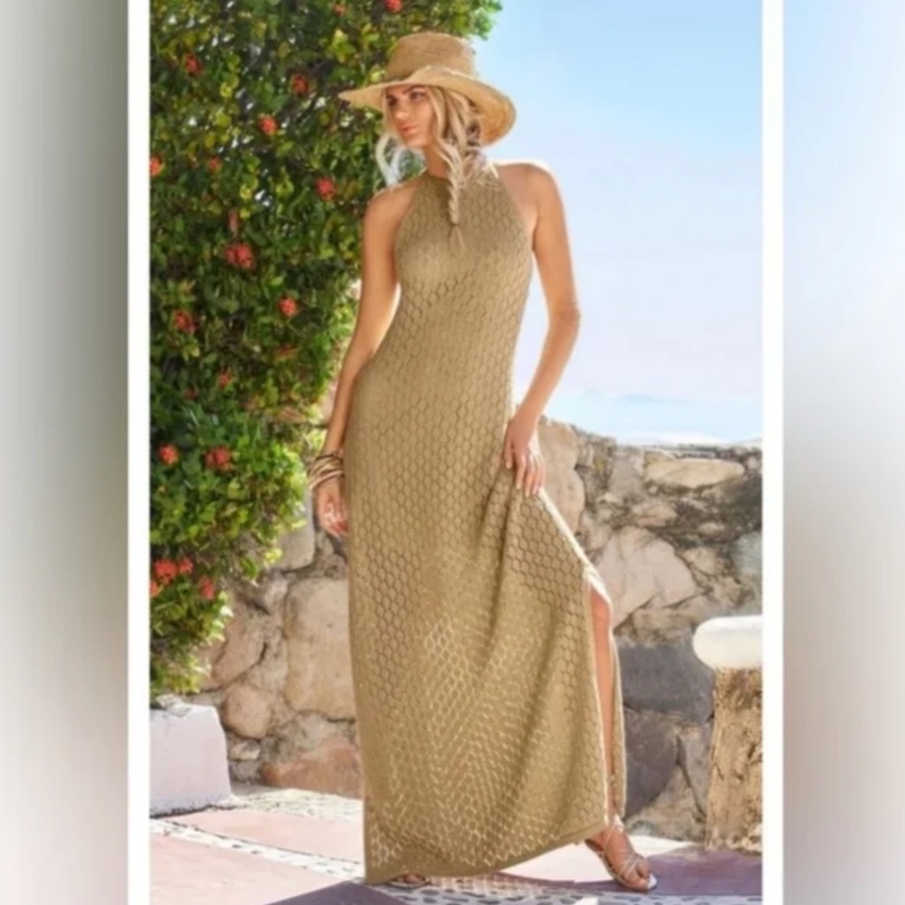 Boston Proper Gold Crochet Open Knit Halter Maxi Dress - size S